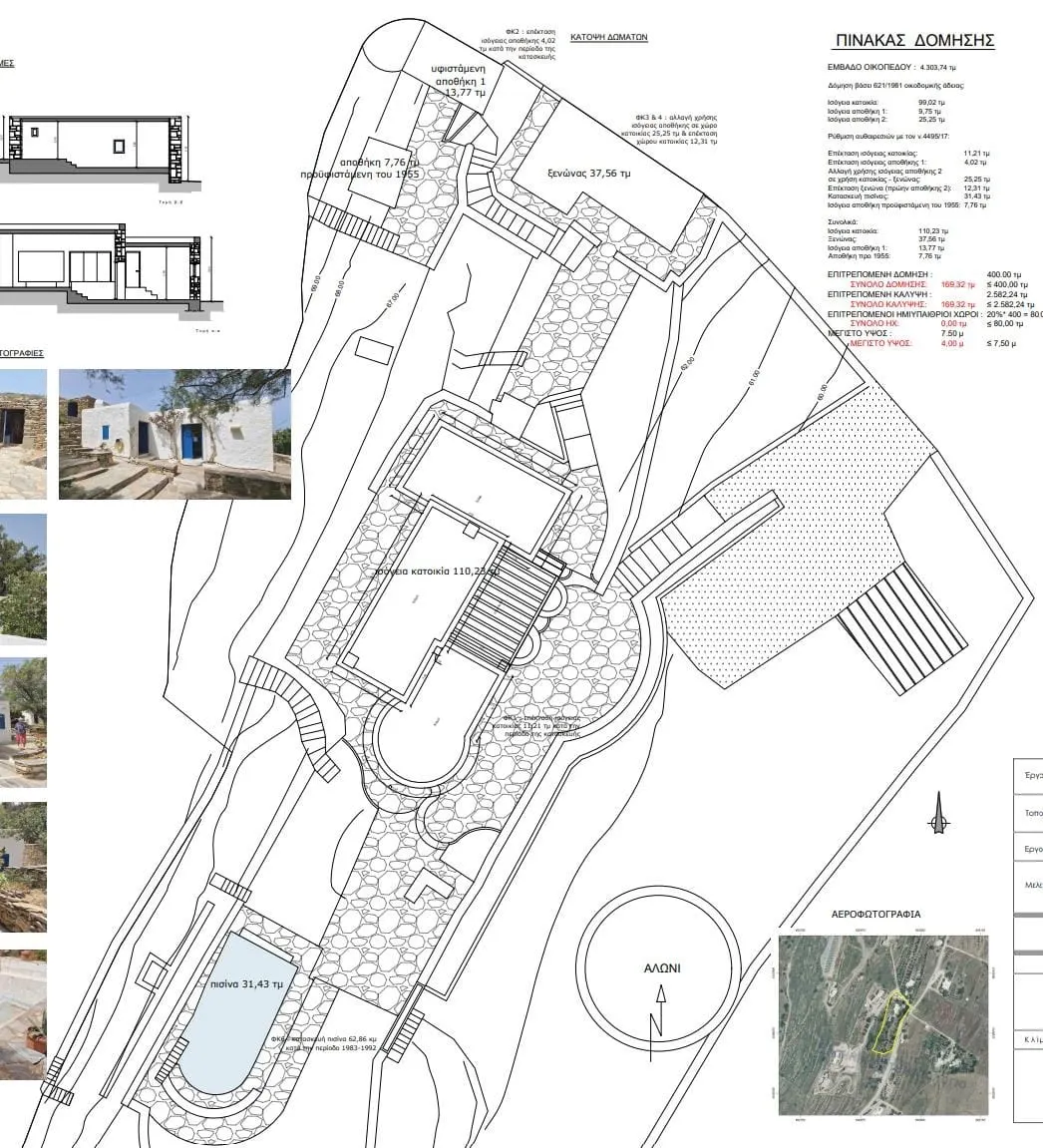 Lageplan des Grundstücks (rund 4.300 m²): oben Gästehaus und Nebenräume, in der Mitte das Haupthaus mit der Pergola, unten der Pool. Rechts daneben die alte Tenne (Aloni).