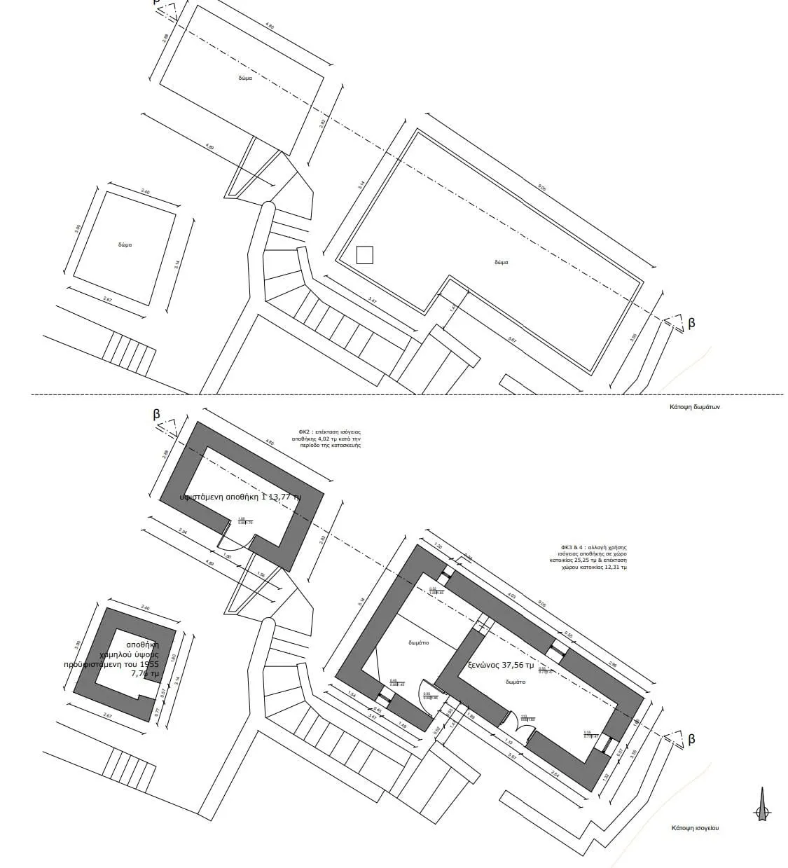 Das Gästehaus (37,6 m²) mit zwei Zimmern, links daneben die beiden Vorratsräume. Oben die Dachflächen, unten der Grundriss dazu.